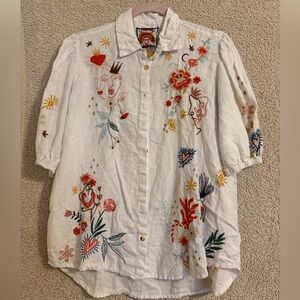 Johnny Was White Shirt with Colorful Embroidery